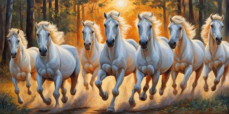 Seven White Horses with Sunrise Painting – Symbol of Growth, Vitality & New Beginnings